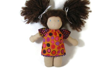 10 inch Waldorf Doll Dress, orange and purple dotty doll dress