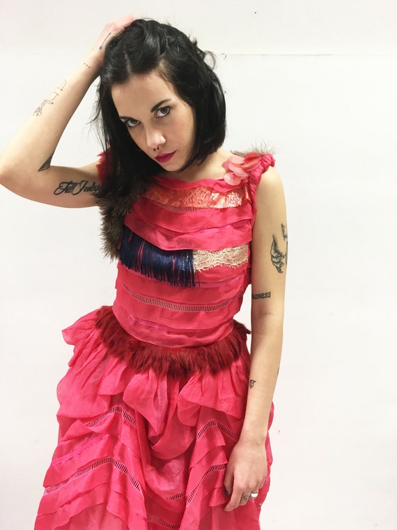 Cherise Red Organza LOLADARLING Long Dress with Sequins Fringe Fur Silk and Tulle Sartorial Care Hand made in Italy One of a Kind Crafts