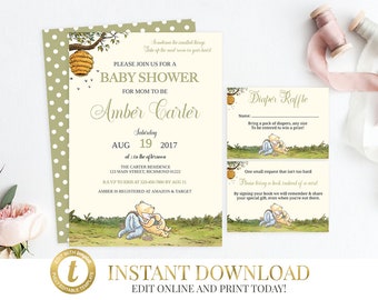 Winnie the Pooh Baby Shower Bundle, Pooh Baby Shower, Classic Pooh, Winnie Pooh Invite, Diaper Raffle, Bring a Book, INSTANT DOWNLOAD