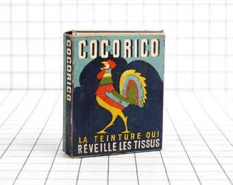 Fabric dye in cardboard box, Cocorico pink fabric dye powder, vintage illustrated box, French antique dye powder box, workshop decoration