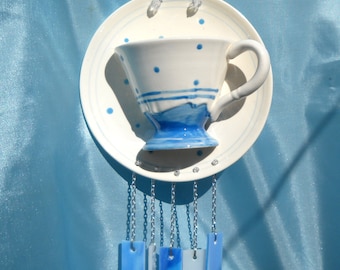 Department 56 Winter Snowflake Recycled Collectable Tea Cup and Saucer with Glass Windchimes