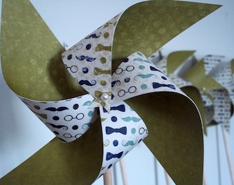Dashing Boys' Party Decor. Mustaches Bowties Spectacles. 8 Spinning Paper Pinwheels.