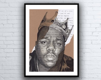 The Notorious B.I.G. Portrait Drawing with Juicy lyrics - signed Giclée art print Biggie Smalls A5 A4 A3 sizes Artwork