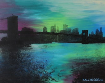 Brooklyn Bridge-Maroon, Green and Blue Screen Print on Wood
