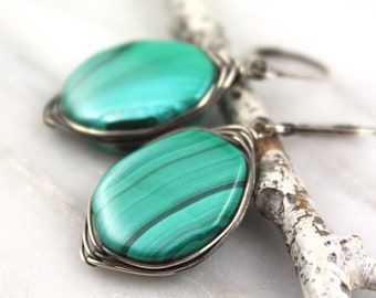 Malachite Oxidized Silver Wrapped Earrings