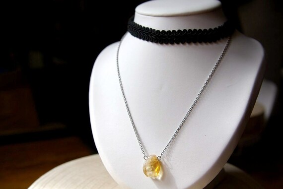 Citrine Choker & Stainless steel chain, Lace Choker, Nickel Free, Prosperity Stone, bar necklace Jewelry, bar choker, birthstone, Minimalist