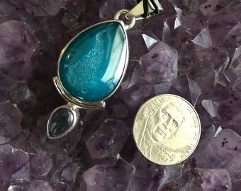 Sterling Silver Blue drusy and topaz pendant