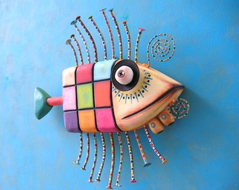 Checkered Trout, Original Found Object Wall Sculpture, Wood Carving, Wall Decor, Fish Art, by Fig Jam Studio