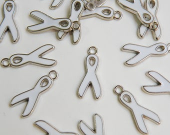 10 White Awareness Ribbon enamel charms silver finish 20x9mm PEA546Y-1