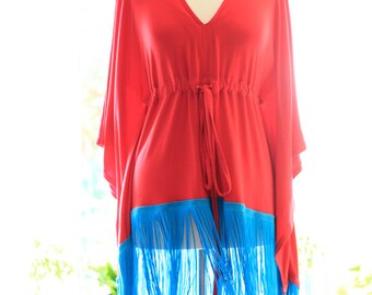 Red Tunic Top with Turquoise Fringe - Bohemian Fashion Caftan Shirt