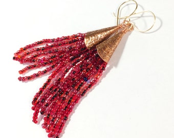 Etched Copper, Beaded Tassel Earrings - Free Domestic Shipping
