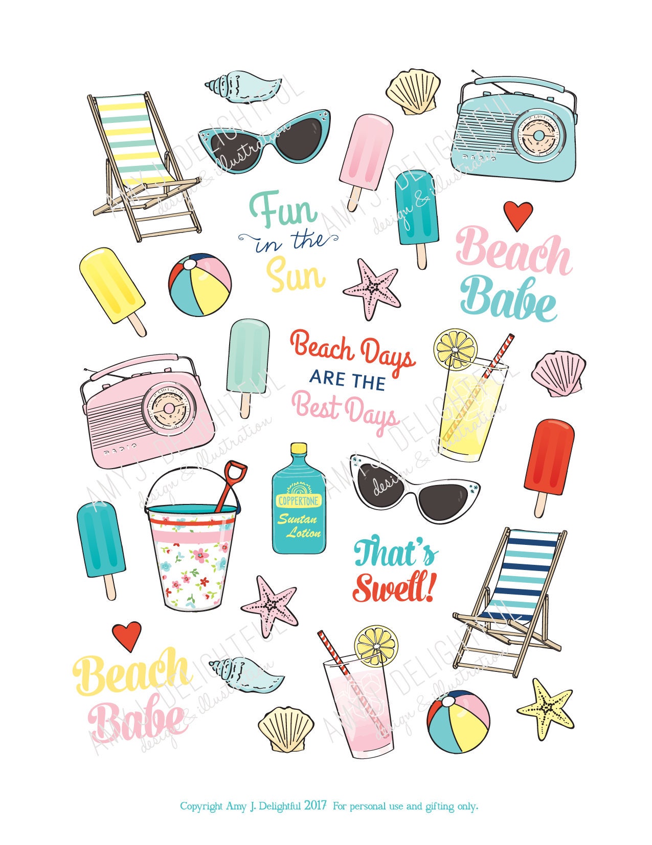 printable retro beach stickers digital file instant