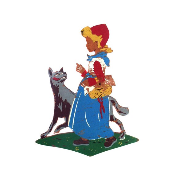 Vintage 1940s Asti Kunst Little Red Riding Hood Painted Wooden Nursery Wall Art Fairytale Storybook