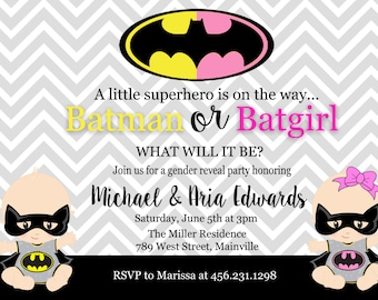 Batman, Batgirl, Baby Shower, Gender Reveal, Invitation, Party, Boy or Girl, Baby - Printed or Digital