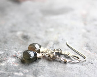 Labradorite Earrings Dangle Briolettes Sterling Silver Gray Stone Earrings