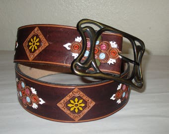 Vintage Tooled Leather Belt Painted Floral Design Hippie Boho Belt Made in Spain