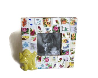 Yellow Cherub Broken China Mosaic Photo Frame / Handmade Decorative Table Top Mosaic Picture Frame
