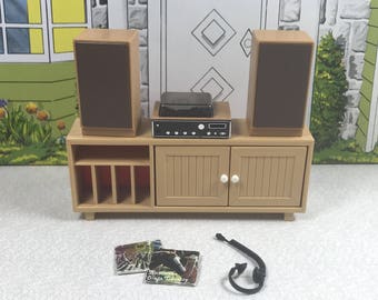 TOMY STEREO CABINET Complete with Accessories, 1970's, Lundby 1:18 Scale, Hard Plastic, Vintage Dollhouse Kitchen Furniture