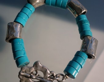 Chunky Faux Turquoise Silver Hamsa Bird Bracelet