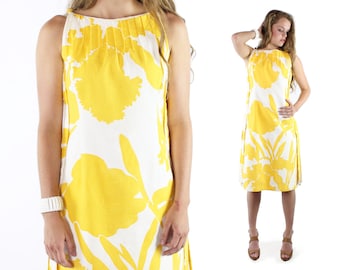 70s Abstract Floral Dress Yellow White Sleeveless Sundress Tunic Wilson Folmar Vintage 1970s Small S Hippie Boho