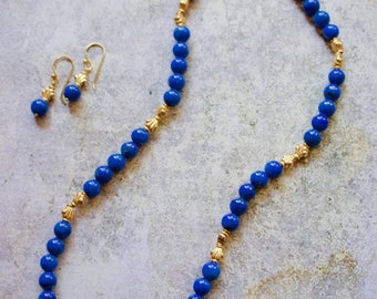 Genuine Lapis Lazuly, Gold plated Silver Necklace with Matching Earrings.