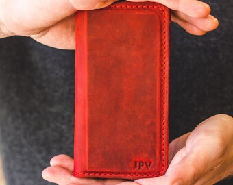 Personalized Leather iPhone Wallet, Leather iPhone Case, Magnetic iPhone Case, Distressed Leather Case - McLean Rose Red