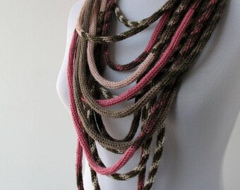 Knit Scarf Necklace, Loop scarf, Infinity scarf, Knitted scarflette, in yvory, pink, taupe and brown E126