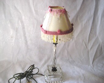 Crystal candlestick lamp with upcycled shabby lamp shade, vintage clear glass lamp, pink cream shade, shabby farmhouse, chic decor