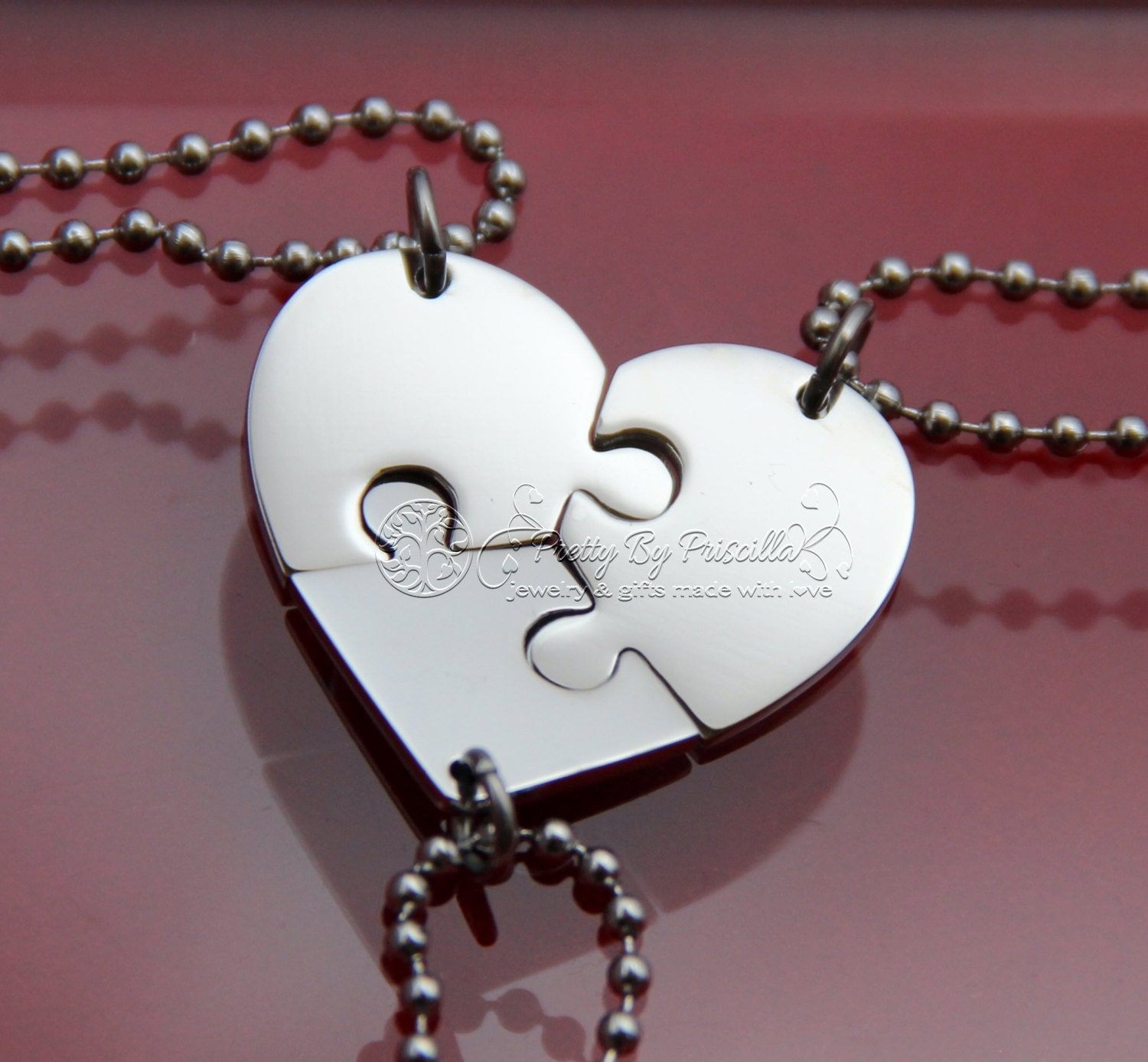 THREE Piece HEART Jigsaw Puzzle Necklace Set Made of Stainless