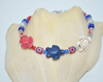Ankle Bracelet Turtles Red White & Blue, Sea Turtle Anklet, Red White and Blue Anklet, 4th of July Turtle Anklet, Independence Day Anklet