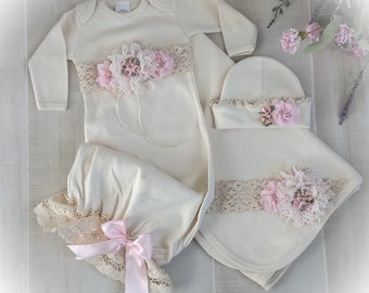 Newborn Girl Coming Home Outfit, Newborn Girl Gown, Ivory and Pink Coming Home Outfit, Baby Girl Take Home Outfit, Newborn Girl Layette