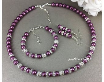 Plum Pearl Jewelry Necklace Bracelet and Earrings Bridesmaid Gift Purple Necklace Wedding Jewelry Maid of Honor Gift for Her Purple Jewelry