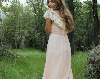 BELTAINE Vintage 1970's Maxi Dress Pink Boho Lace Neckline Fairytale Inspired Bridesmaids Dress Special Occasion (Two Available)