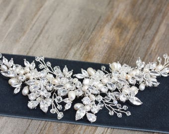 Large Wedding Crystal and Freshwater Pearl, Rhinestone Bridal Hair Comb