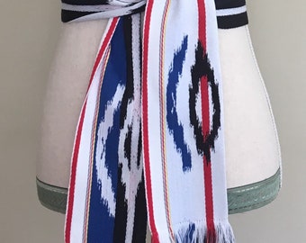 Woven Tribal Ikat Belt Vintage 70s Ethnic Boho Festival White Cotton Fringe Adjustable Tie Waist