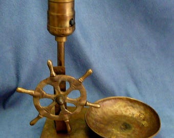 Brass Ships Wheel Lamp & Change Tray Vintage Nautical Light