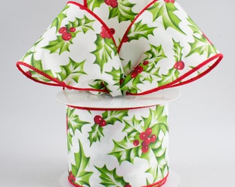 RIBBON 5 YARDS Holly Berry Ribbon, White, Red ,bows and ribbons, party, packaging, wrapping . wired edge. 2.5 wide