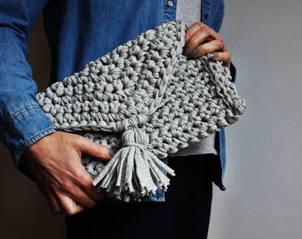 Crochet Bag, Mothers Day Gift, Knitted Bag, T Shirt Yarn Bag, Grey Clutch Bag, Evening Bag, Boho Handbag, Festival Bag, Handknit Clutch