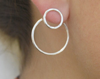 Sterling Silver Ear Jackets-Double Circle Two Way Earrings-Round Circle Earrings-Sterling Silver Earrings-Double Earrings-925 Stud Earrings