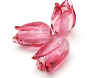 Artisan Lampwork Glass Flower Beads, PINK TULIPS, handmade jewellery supplies sra