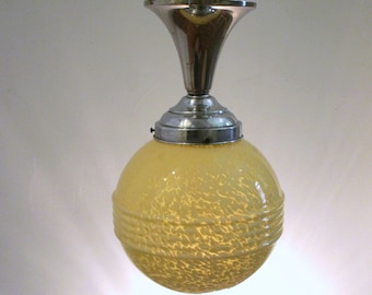 YELLOW Mottled Glass - French Art Deco Pendant Light 1930s-40s - Richly Sculptured Deco Details - Unique Design