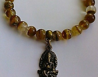 Fire Quartz Crystal with 'Ganesha' Charm Bracelet, stretch, beaded, gemstones, men, women, 8mm, Hindu, spiritual, religious, gift