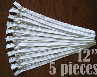 white metal zippers, metal zippers, ykk metal zipper, jean zippers, silver metal zipper, aluminium zipper - 12 inch - 5 pieces ALM12