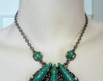Vintage Confetti Green Lucite Pendant Necklace Faux Pearls Antique Art Nouveau Large Chunky Art Deco Retro Statement