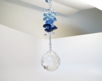 Swarovski Crystal Ball Suncatcher, Dark Sapphire, Sapphire And Aquamarine, Rainbow Light Catcher, Home Decoration, Keira's Crystal Creations