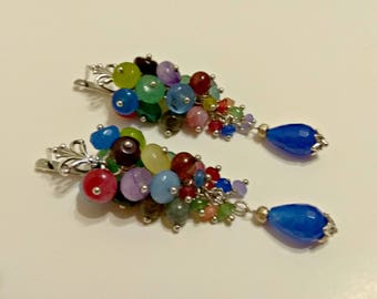 Colorful earrings, cluster earrings, teardrop earrings, blue teardrop earrings, stone cluster earrings, stone drooped earrings