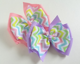 Pink or Purple Chevron Pinwheel Bow - No Slip Velvet Grip Hair Clip