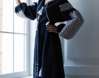 Black Embroidered Maxi Dress Linen Pattern Ukrainian Boho Ethnic