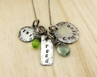Mother's Necklace Family Necklace Personalized Charm Necklace Rustic Hand Stamped Antiqued Silver Mommy Jewelry Name Necklace Mothers Day