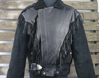 Vintage 1980's Black (Womens/Mens) Fringe Leather Jacket / Motorcycle Jacket